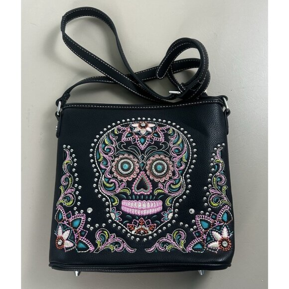 Montana West Sugar Skull Collection Black Conceal Carry Crossbody Embroidered - Picture 3 of 15